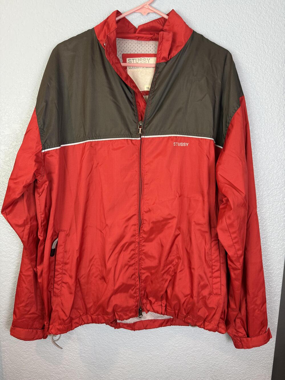 Stussy Jacket Mens XL Nylon Windbreaker Full Zip Reflective Trim Streetwear
